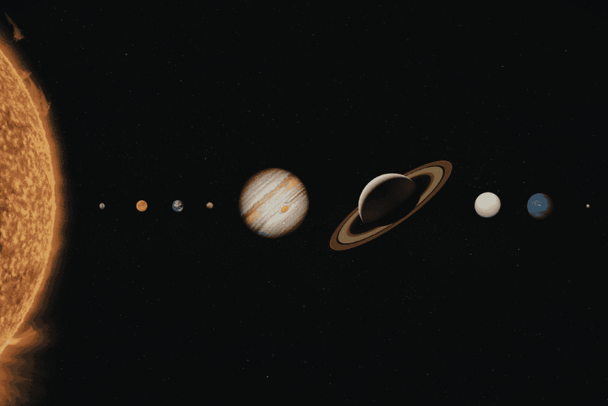 Planetas do Sistema Solar alinhados em uma linha com o Sol à esquerda, em ilustração do alinhamento planetário.
