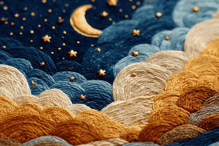 Composição artística com lua crescente, estrelas e nuvens em estilo bordado representando o céu noturno