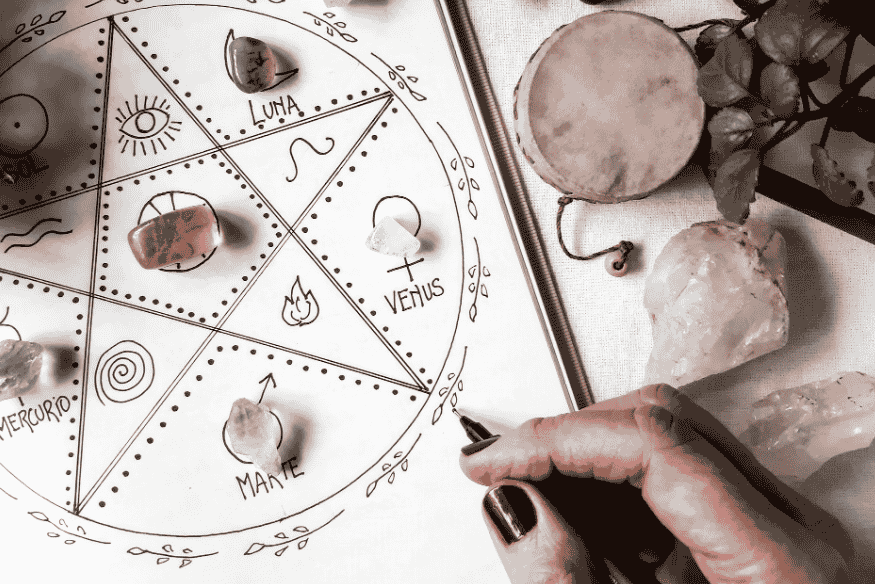 Mão elaborando um mapa astral, representando a interpretação astrológica dos signos, planetas e posições celestes.