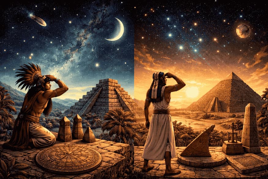 Ilustração de observadores do céu nas civilizações maia e egípcia diante de pirâmides, lua, estrelas e planetas, representando a astronomia antiga.
