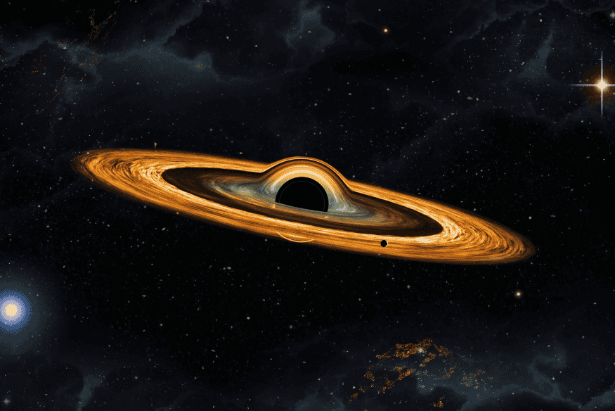 Ilustração de buraco negro com disco de acreção brilhante ao redor, frequentemente confundido com buraco de minhoca.