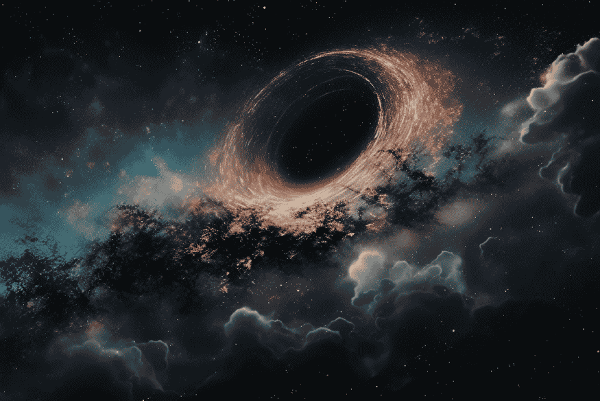 Ilustração artística de distorção no espaço-tempo semelhante a um buraco de minhoca, destacando a curvatura gravitacional no universo.