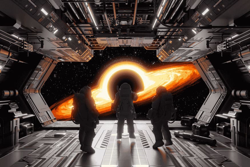 Cena ilustrativa com buraco negro e disco luminoso visto do espaço, representação usada para explicar o que são buracos negros.