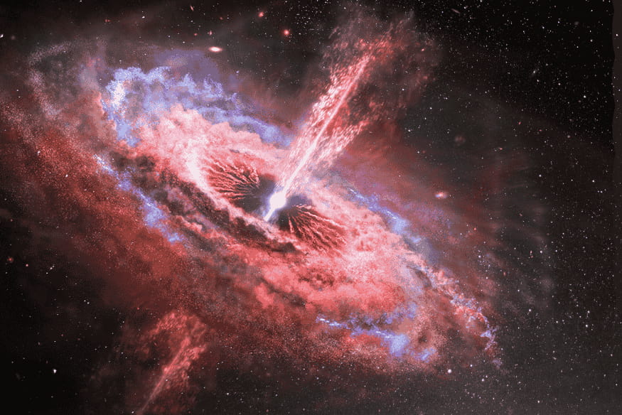 Representação artística de buraco negro com disco de acreção e jatos de energia, fenômeno ligado à formação e atividade de buracos negros.