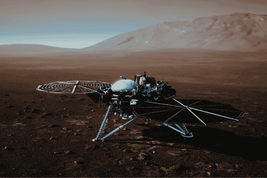 Sonda robótica em superfície marciana analisando solo e ambiente, representando métodos científicos na busca por vida extraterrestre.