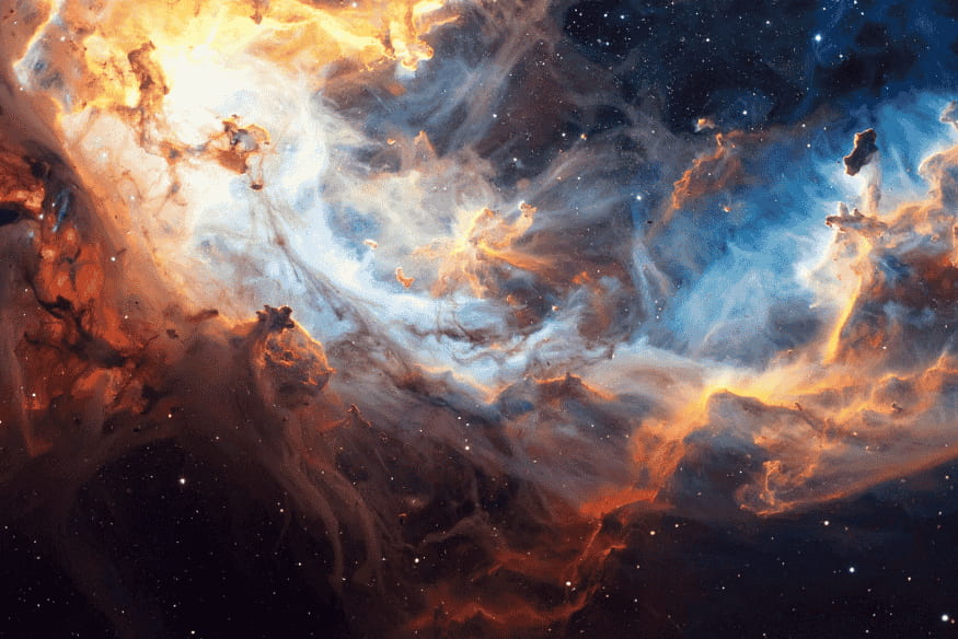 Nebulosa colorida no espaço com nuvens de gás e poeira, região onde novas estrelas podem nascer ao longo do tempo.