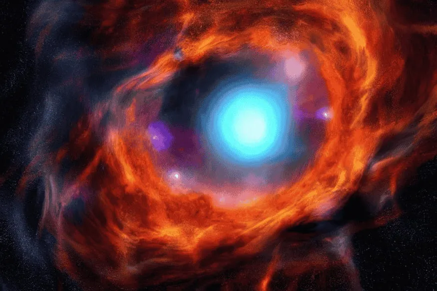 Explosão estelar luminosa no espaço, representação de uma supernova no estágio final da vida de uma estrela massiva.