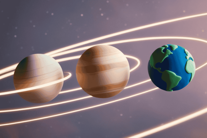 Ilustração de conjunção planetária com planetas próximos e linhas orbitais ao fundo, destacando a Terra na mesma faixa do céu.