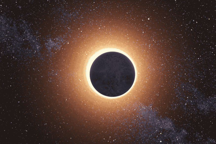 Eclipse anular ilustrado com disco escuro central e halo luminoso ao redor, em fundo estrelado.