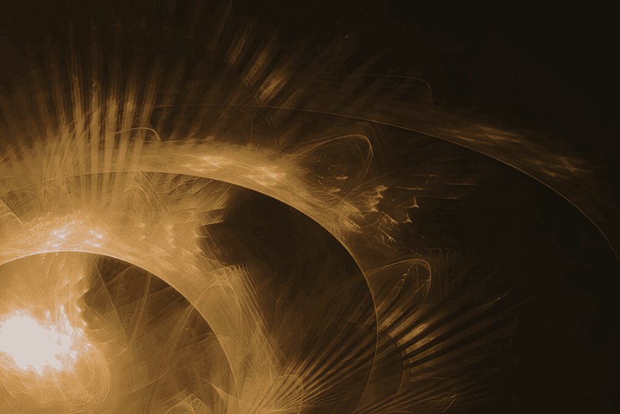 Ilustração de atividade solar com arcos e emissões de plasma, representando a atmosfera solar e o campo magnético do Sol.