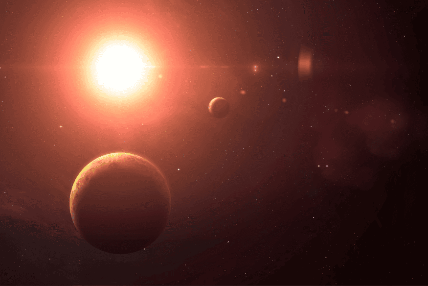 Sistema estelar com vários exoplanetas orbitando uma estrela brilhante, ilustrando como planetas podem ser detectados em torno de outras estrelas.