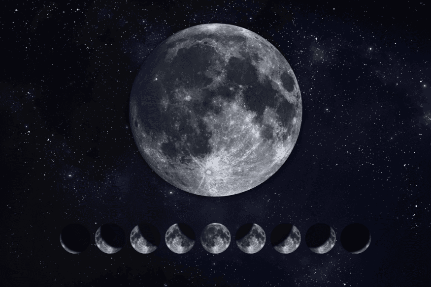 Lua cheia em destaque com miniaturas das fases lunares abaixo, ilustrando o ciclo das fases da Lua no céu.