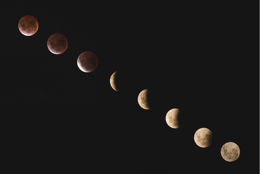 Sequência das fases da Lua durante um eclipse lunar, exemplo visual útil para entender como fotografar a Lua em diferentes momentos.