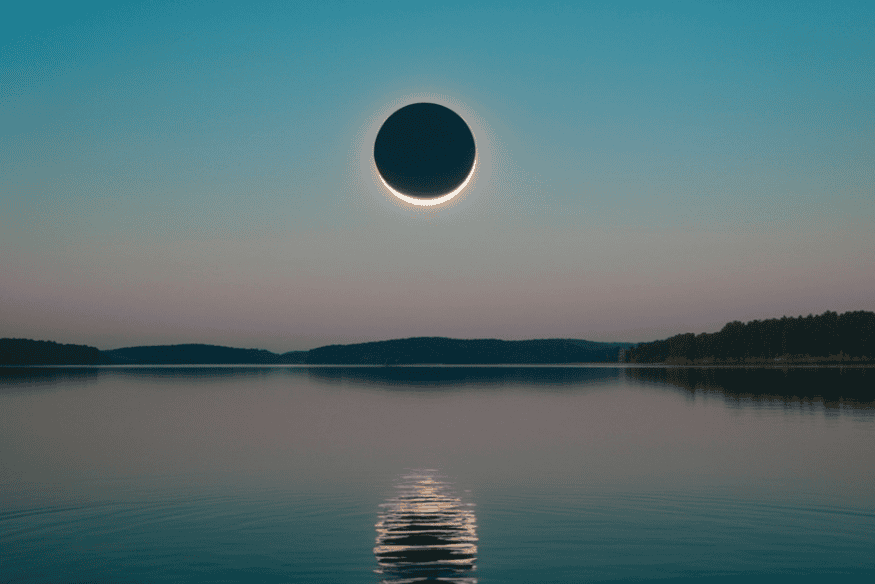 Eclipse visto sobre um lago ao entardecer, com disco escuro e anel de luz no céu, em cenário de observação astronômica.