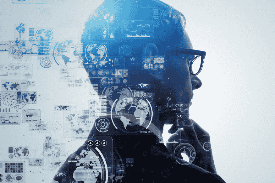 Perfil de pesquisador com gráficos e dados digitais sobrepostos, representando o uso prático da inteligência artificial na astronomia moderna.