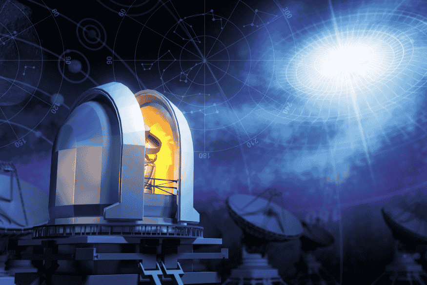 Observatório astronômico com telescópio iluminado apontado para o céu, representando a conclusão sobre como funcionam os observatórios astronômicos.