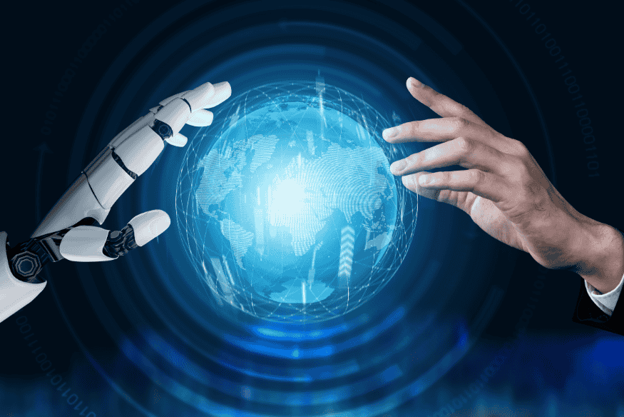 Mão humana e mão robótica interagindo com globo digital, simbolizando a importância da inteligência artificial na astronomia moderna.