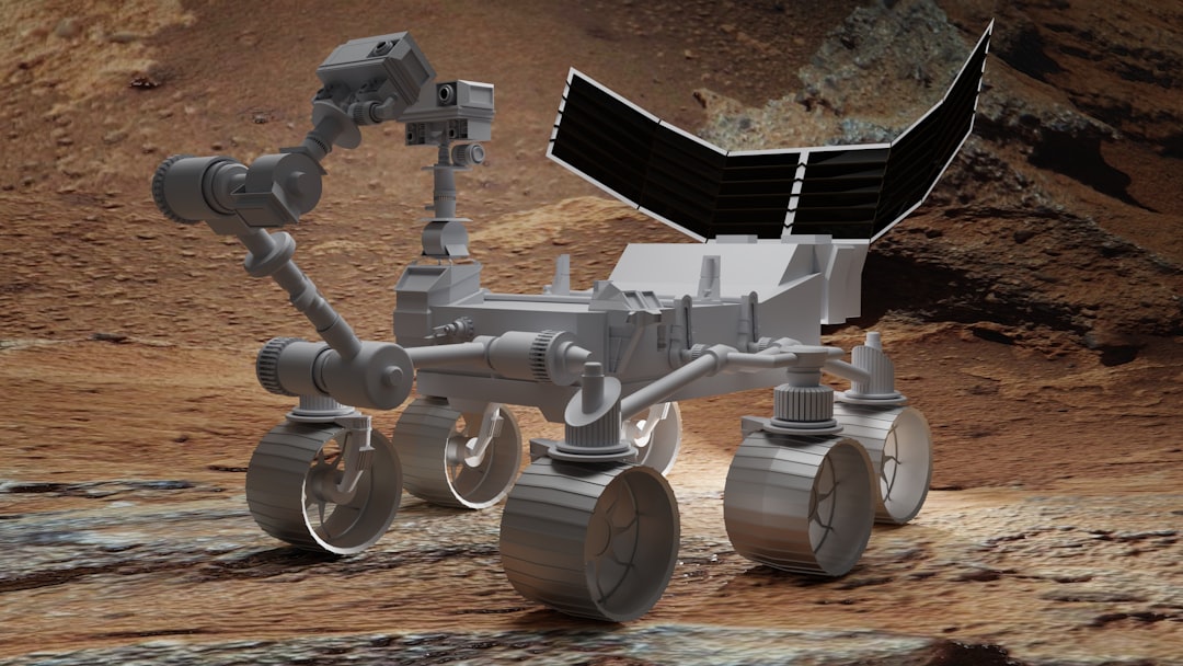 Rover explorando a superficie rochosa de Marte
