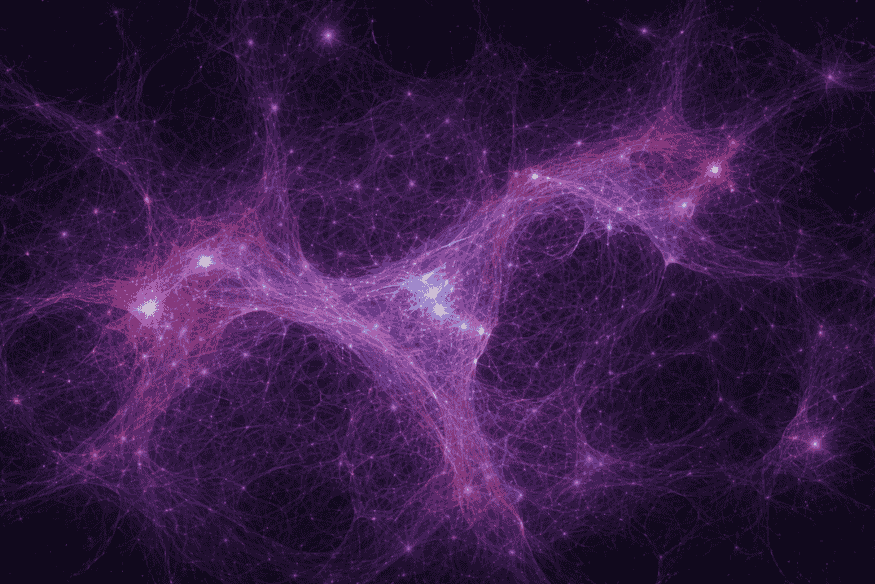 Simulação da teia cósmica mostrando filamentos de matéria escura conectando regiões densas onde galáxias e aglomerados se formam.