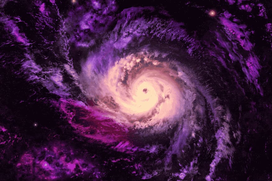 Galáxia espiral em tons roxos, usada para ilustrar como a matéria escura influencia a estrutura e a rotação das galáxias.