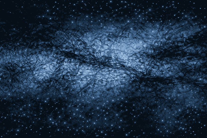 Simulação da distribuição de matéria escura no Universo mostrando filamentos e vazios da teia cósmica que estruturam galáxias.