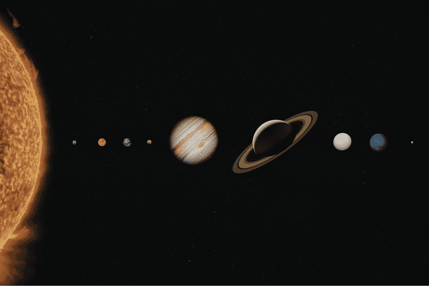 Ilustração do Sistema Solar com o Sol e planetas alinhados, representando medições diretas de distância com radar e laser no Sistema Solar.