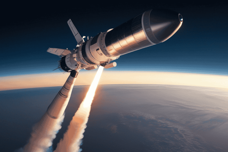 Sonda espacial em voo acima da Terra, ilustrando missões que aproveitam alinhamentos planetários e assistências gravitacionais para explorar o Sistema Solar.