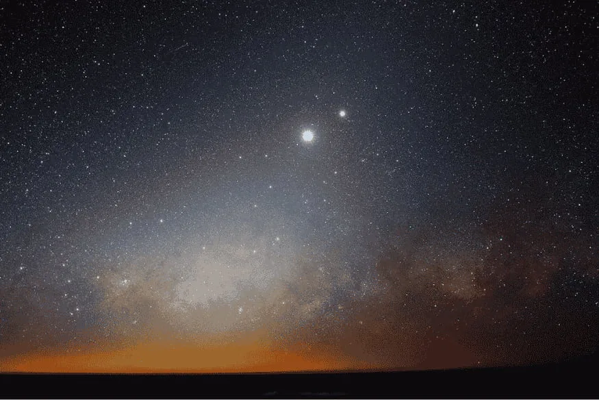 Céu estrelado ao entardecer com planetas brilhantes visíveis a olho nu acima do horizonte, exemplo de observação planetária sem telescópio.