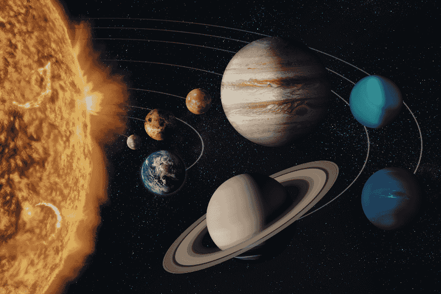 Ilustração do Sistema Solar com os planetas em órbita, representação dos astros que despertam interesse na observação do céu.