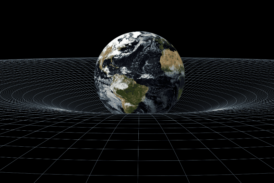 Terra sobre uma malha deformada, ilustração da curvatura do espaço-tempo explicada pela gravidade na relatividade geral.