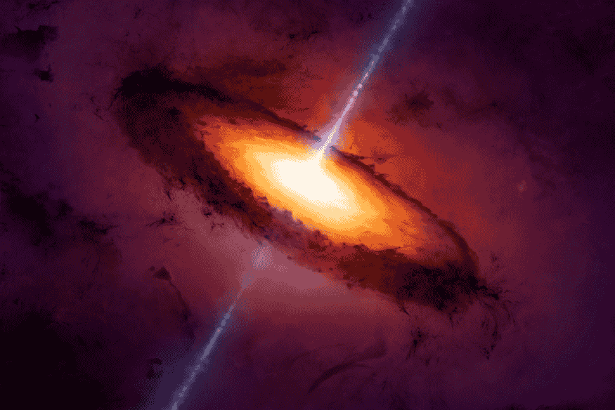 Ilustração de quasar mostrando disco de acreção brilhante ao redor de um buraco negro supermassivo e jatos de partículas emitidos em alta velocidade.