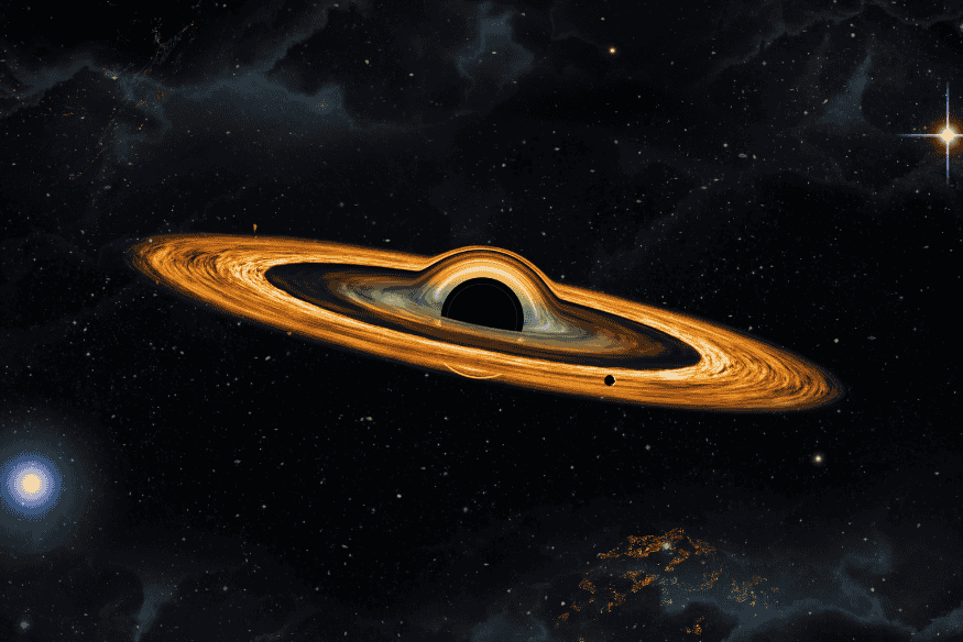 Ilustração de buraco negro com disco de acreção brilhante e distorção da luz ao redor, conforme previsto pela relatividade geral.