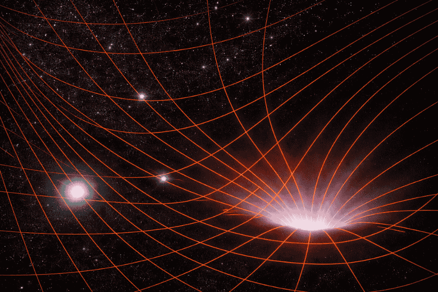 Ilustração da curvatura do espaço-tempo pela gravidade intensa, mostrando linhas deformadas e desvio da luz conforme a relatividade geral.