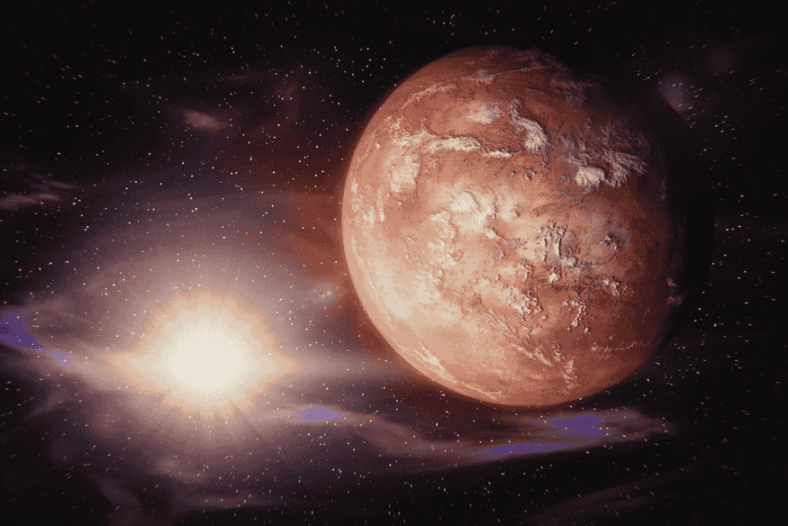 Ilustração de exoplaneta rochoso próximo a uma estrela brilhante, representando o conceito de zona habitável na busca por vida extraterrestre.
