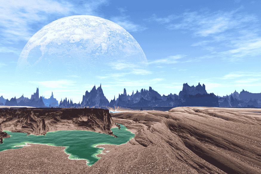 Paisagem de exoplaneta com possível água líquida na superfície e grande lua no horizonte, representando ambientes habitáveis na busca por vida extraterrestre.